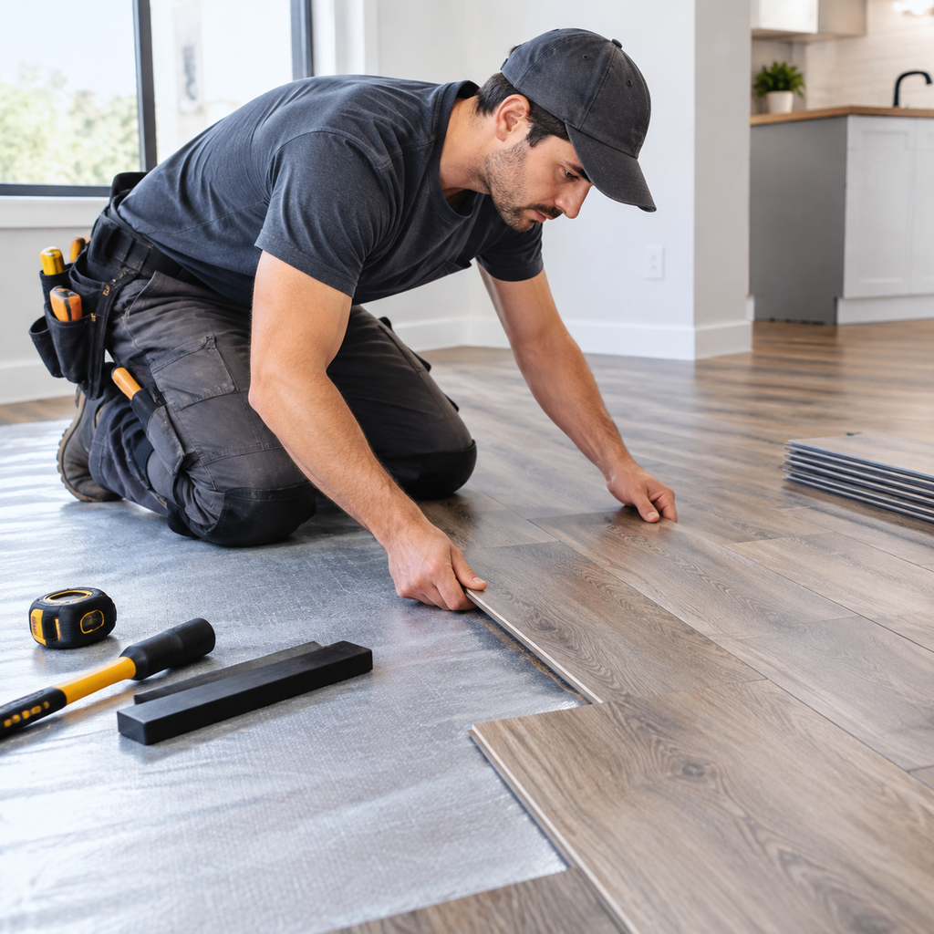 Professional installing flooring